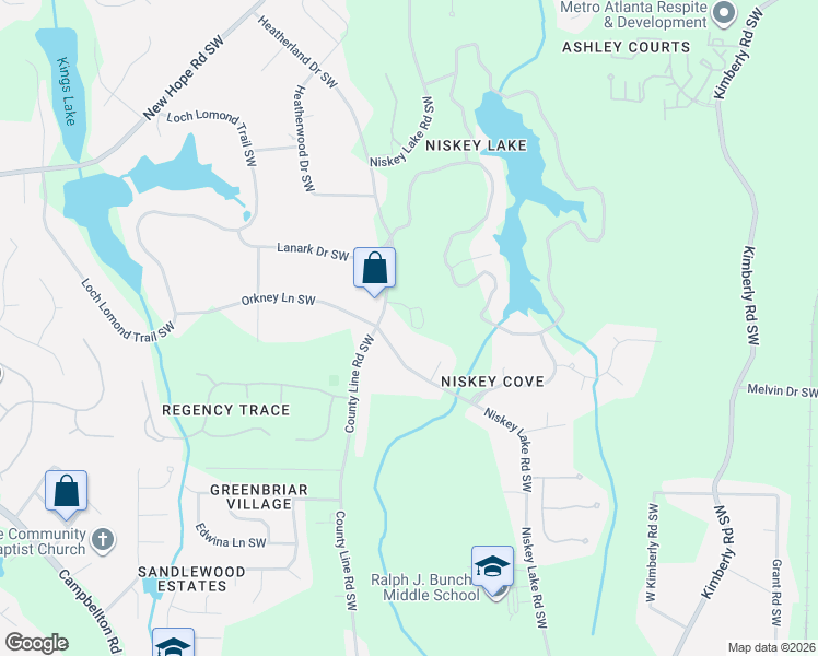 map of restaurants, bars, coffee shops, grocery stores, and more near 1674 Niskey Lake Road Southwest in Atlanta