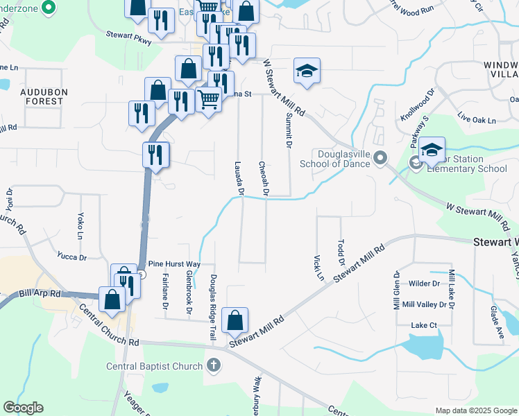 map of restaurants, bars, coffee shops, grocery stores, and more near 4002 Cheoah Drive in Douglasville