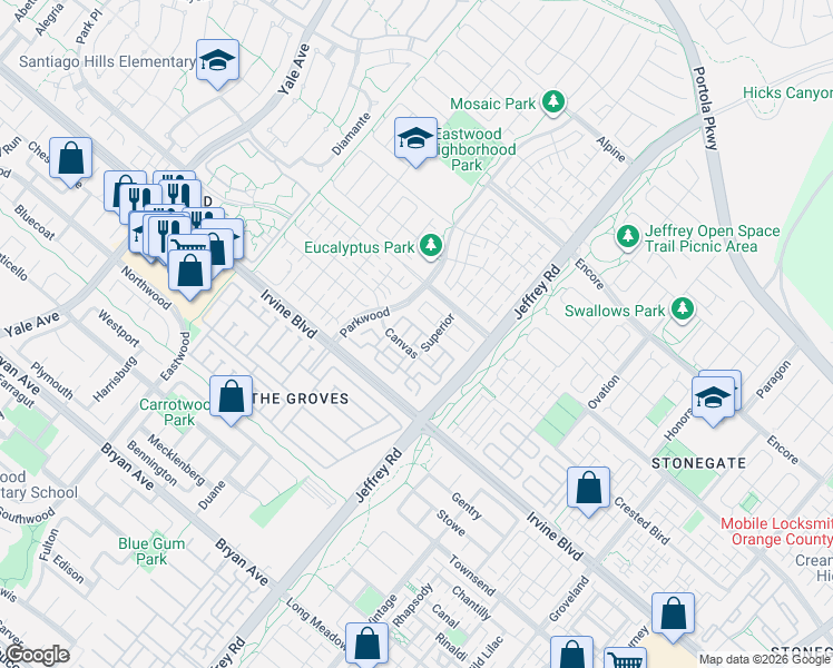 map of restaurants, bars, coffee shops, grocery stores, and more near 159 Frazier in Irvine