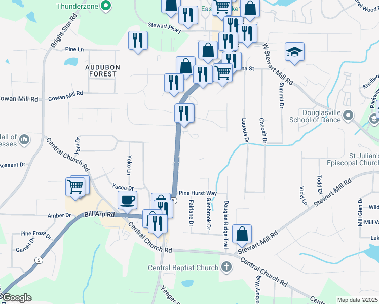 map of restaurants, bars, coffee shops, grocery stores, and more near 3492 Georgia 5 in Douglasville