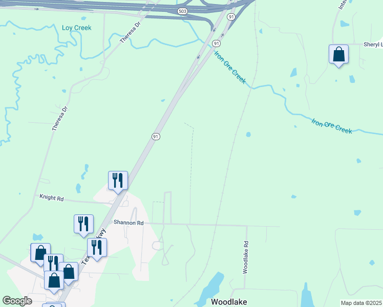 map of restaurants, bars, coffee shops, grocery stores, and more near Briely Dr in Denison