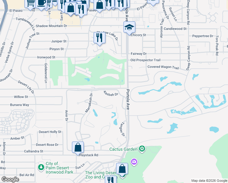 map of restaurants, bars, coffee shops, grocery stores, and more near 47059 Marrakesh Drive in Palm Desert