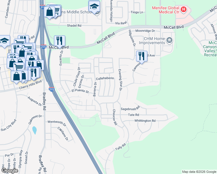 map of restaurants, bars, coffee shops, grocery stores, and more near 28281 Vía Cascadita in Menifee
