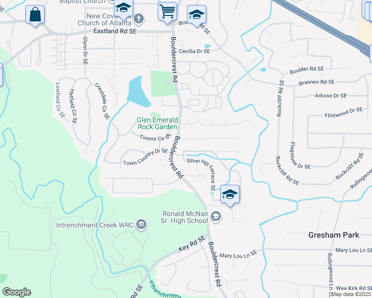 map of restaurants, bars, coffee shops, grocery stores, and more near 2708 Silver Hill Terrace Southeast in Atlanta