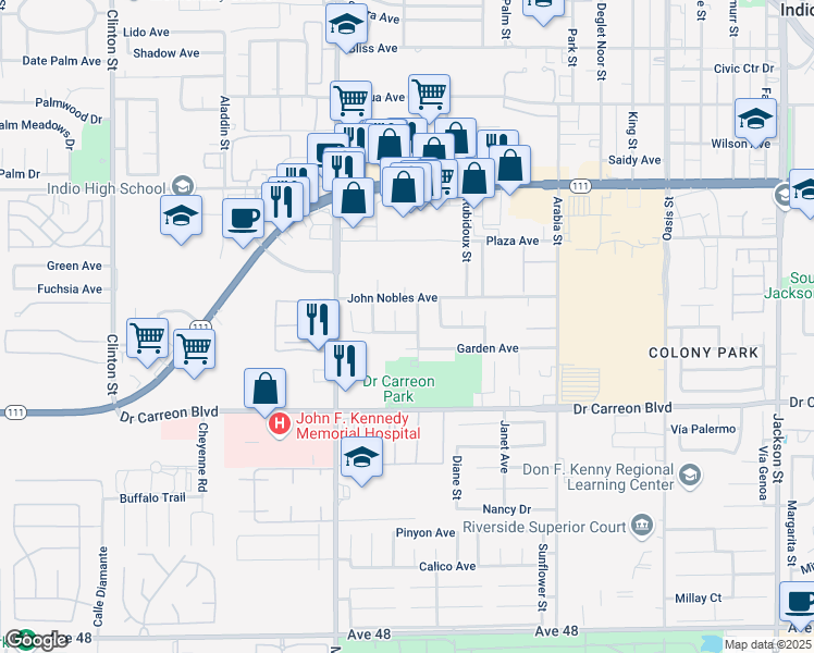 map of restaurants, bars, coffee shops, grocery stores, and more near 46740 Daisy Street in Indio