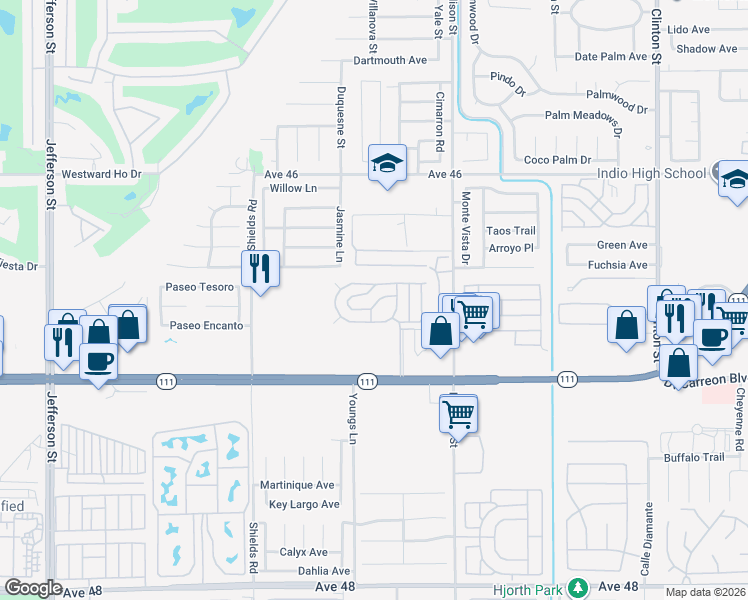 map of restaurants, bars, coffee shops, grocery stores, and more near 80870 California 111 in Indio