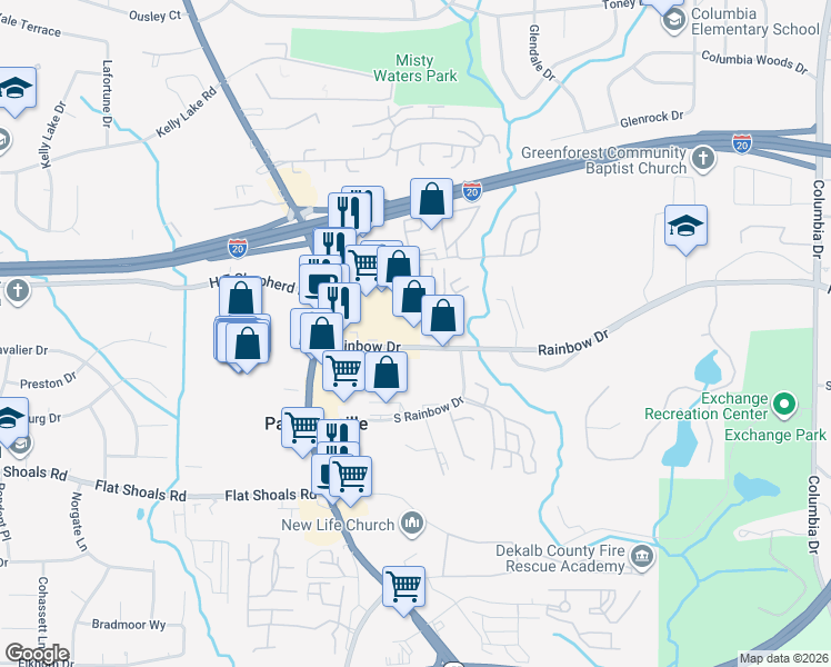 map of restaurants, bars, coffee shops, grocery stores, and more near 2971 Rainbow Drive in Decatur