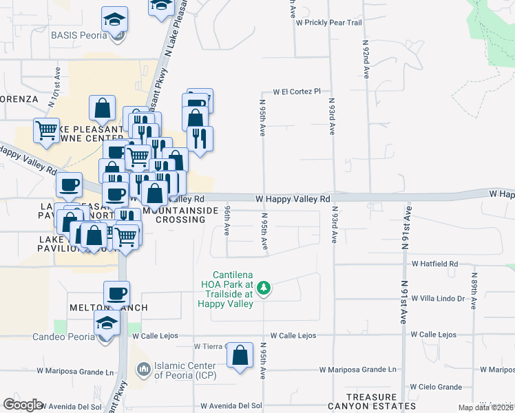 map of restaurants, bars, coffee shops, grocery stores, and more near 9528 West Weeping Willow Road in Peoria