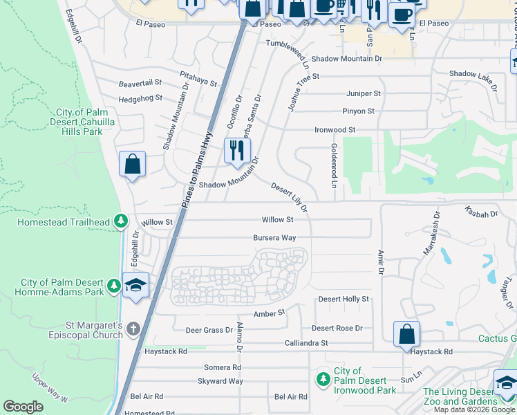 map of restaurants, bars, coffee shops, grocery stores, and more near 73141 Willow Street in Palm Desert