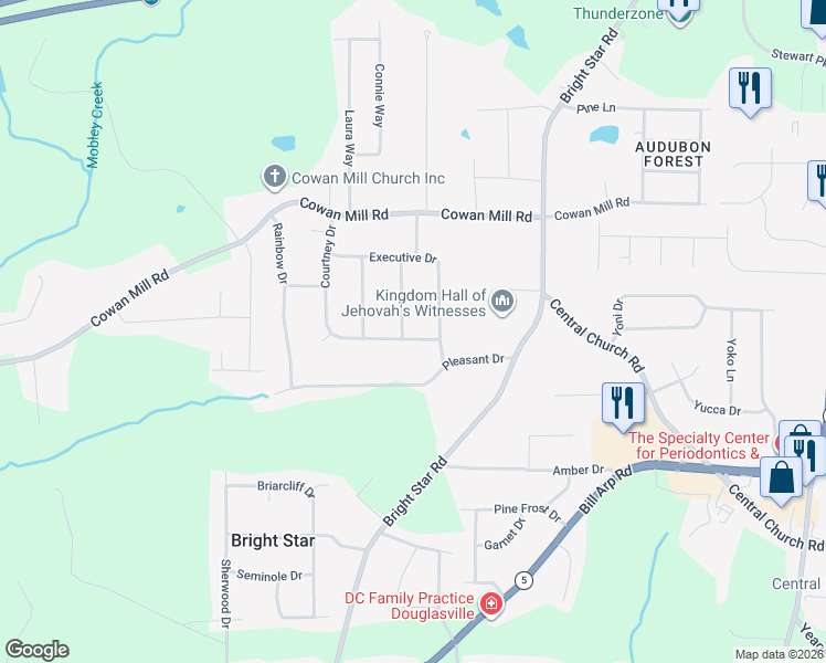 map of restaurants, bars, coffee shops, grocery stores, and more near 6441 Courtney Drive in Winston
