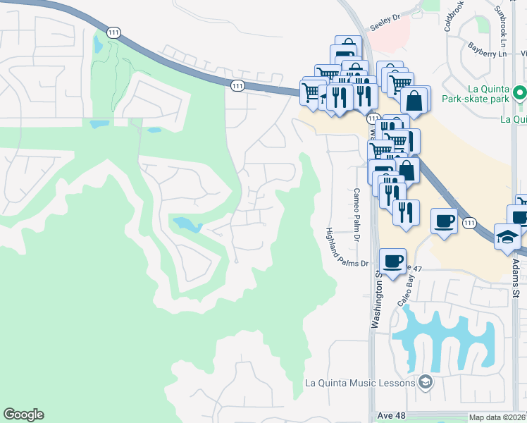 map of restaurants, bars, coffee shops, grocery stores, and more near 46639 Arapahoe in Indian Wells