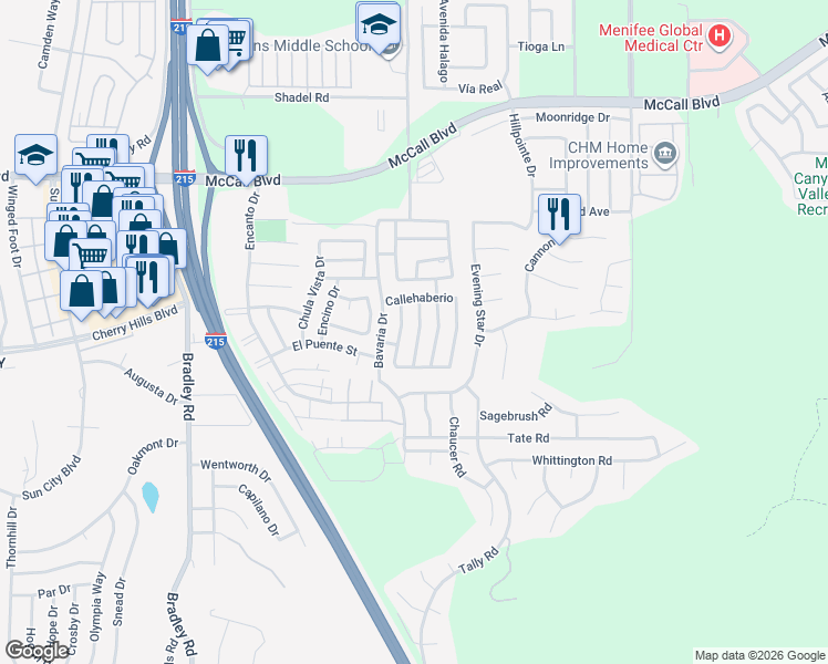 map of restaurants, bars, coffee shops, grocery stores, and more near 28285 Calle Lustrosos in Menifee