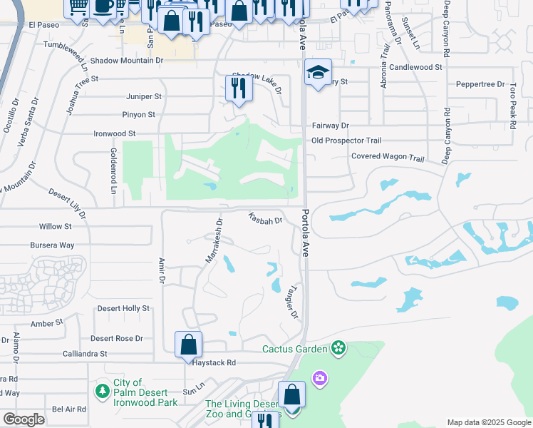 map of restaurants, bars, coffee shops, grocery stores, and more near 47065 Kasbah Drive in Palm Desert