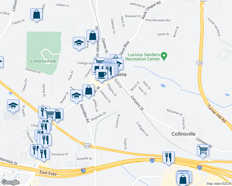 map of restaurants, bars, coffee shops, grocery stores, and more near 2586 Wiggins Street in Lithonia