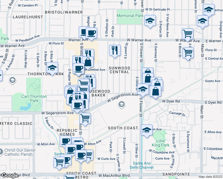 map of restaurants, bars, coffee shops, grocery stores, and more near 2622 Park Drive in Santa Ana
