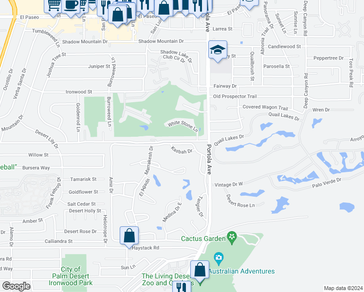 map of restaurants, bars, coffee shops, grocery stores, and more near 47075 Marrakesh Drive in Palm Desert