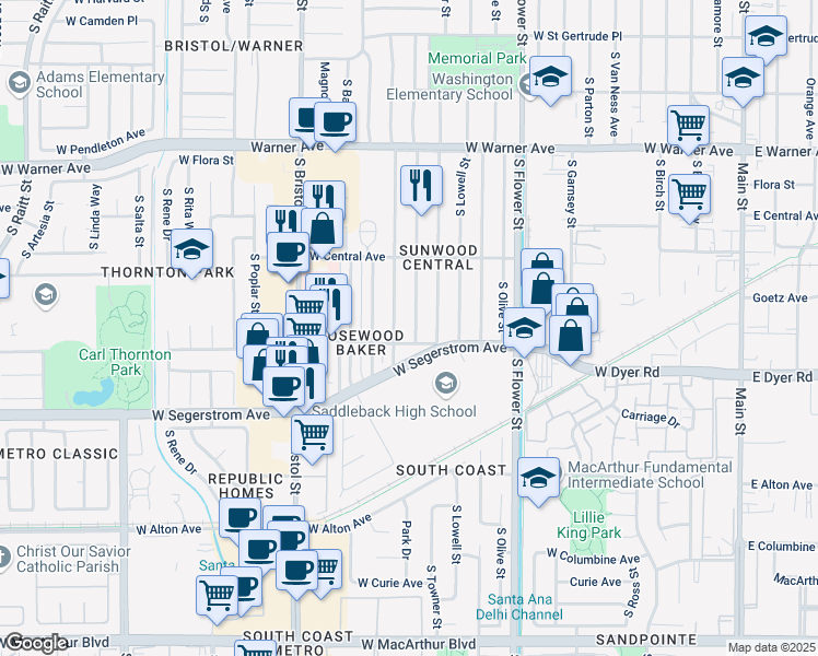 map of restaurants, bars, coffee shops, grocery stores, and more near 2622 Park Drive in Santa Ana