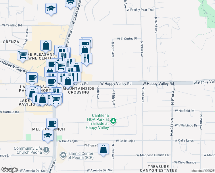 map of restaurants, bars, coffee shops, grocery stores, and more near 9528 West Weeping Willow Road in Peoria