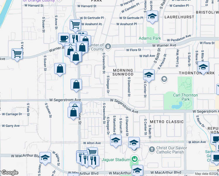 map of restaurants, bars, coffee shops, grocery stores, and more near 2529 West Chandler Avenue in Santa Ana