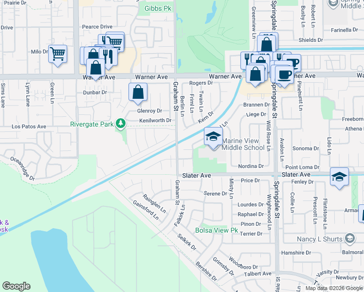 map of restaurants, bars, coffee shops, grocery stores, and more near 5521 Glenstone Drive in Huntington Beach