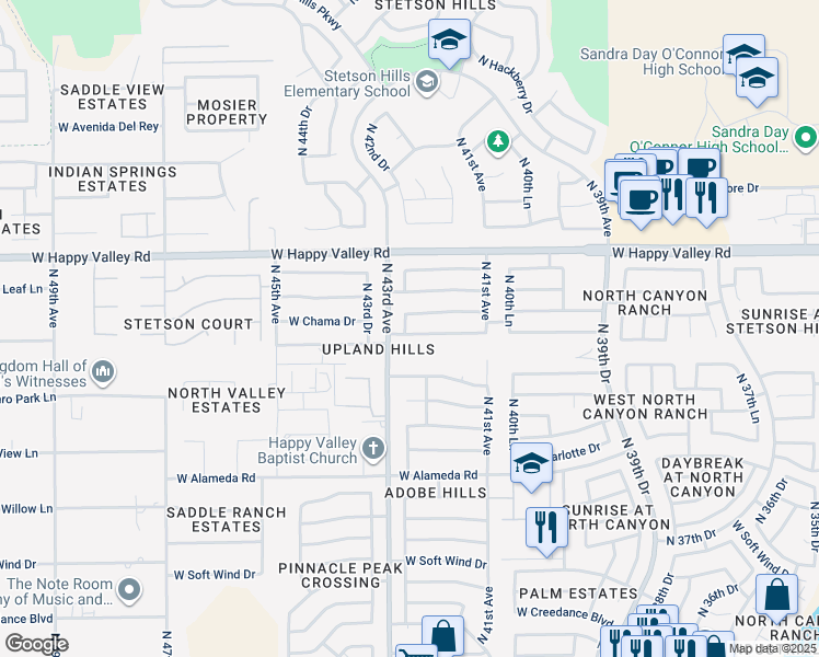 map of restaurants, bars, coffee shops, grocery stores, and more near 4220 West Whispering Wind Drive in Glendale