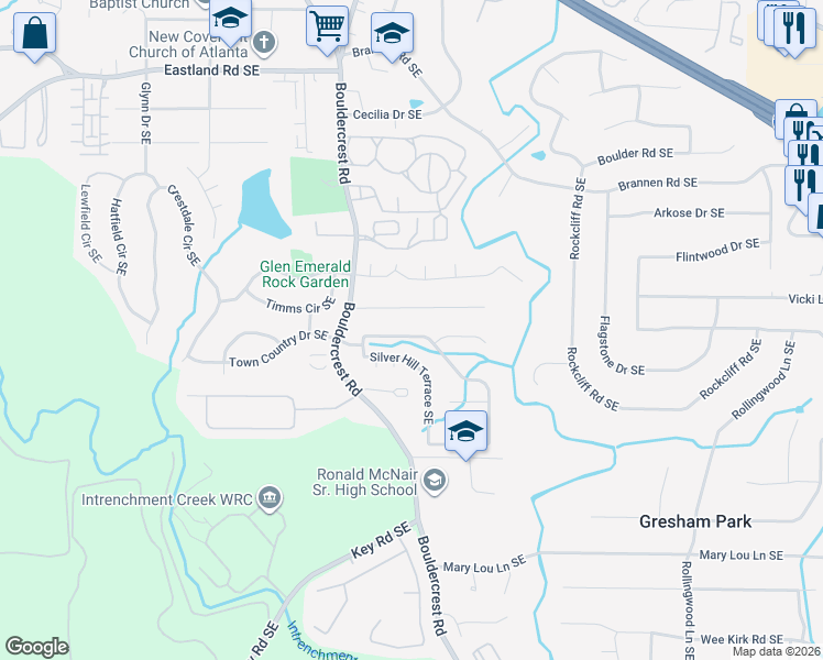 map of restaurants, bars, coffee shops, grocery stores, and more near 1551 Boulderwoods Drive Southeast in Atlanta
