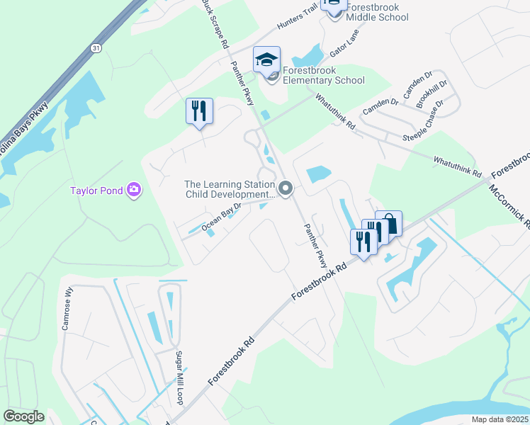 map of restaurants, bars, coffee shops, grocery stores, and more near 280 Forestbrook Cove Circle in Myrtle Beach