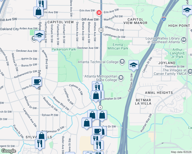 map of restaurants, bars, coffee shops, grocery stores, and more near 1628 Athens Avenue Southwest in Atlanta