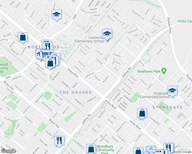 map of restaurants, bars, coffee shops, grocery stores, and more near 148 Damsel in Irvine