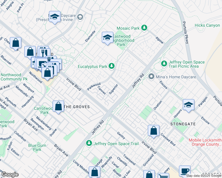 map of restaurants, bars, coffee shops, grocery stores, and more near 129 Sugar Cane in Irvine