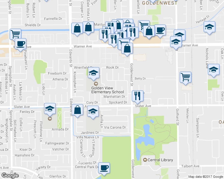 map of restaurants, bars, coffee shops, grocery stores, and more near 17352 Rob Roy Circle in Huntington Beach