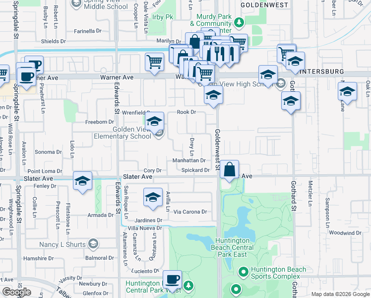 map of restaurants, bars, coffee shops, grocery stores, and more near 17352 Rob Roy Circle in Huntington Beach