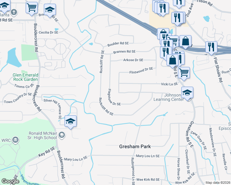 map of restaurants, bars, coffee shops, grocery stores, and more near 2636 Flagstone Drive Southeast in Atlanta