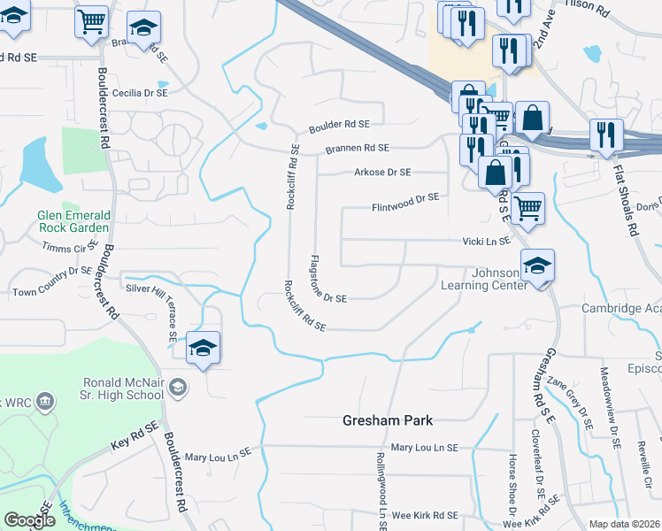 map of restaurants, bars, coffee shops, grocery stores, and more near 2636 Flagstone Drive Southeast in Atlanta
