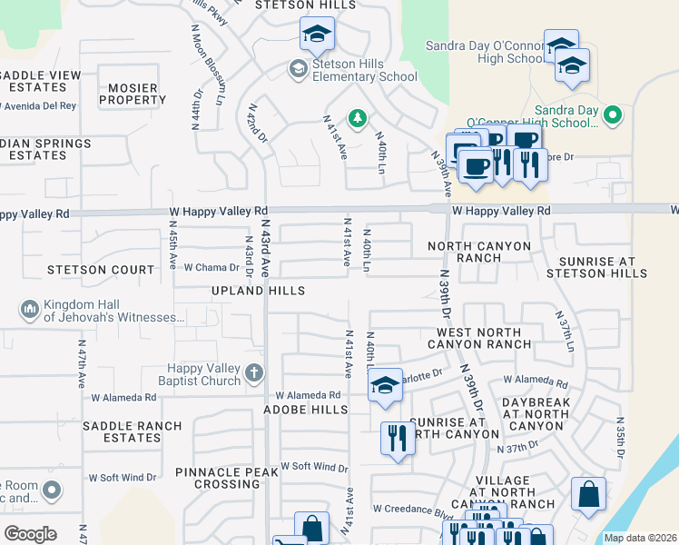 map of restaurants, bars, coffee shops, grocery stores, and more near 4108 West Whispering Wind Drive in Glendale