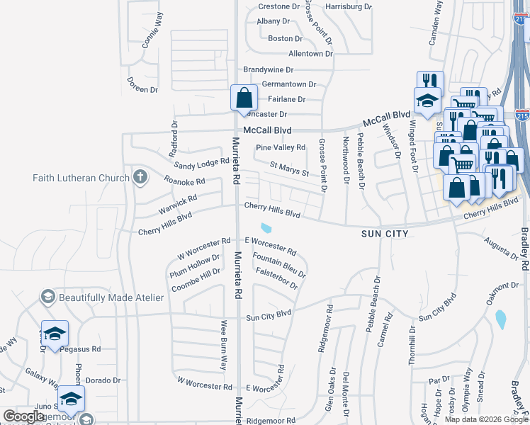 map of restaurants, bars, coffee shops, grocery stores, and more near 26095 Cherry Hills Boulevard in Menifee