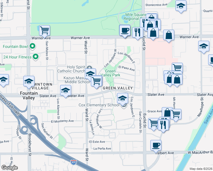 map of restaurants, bars, coffee shops, grocery stores, and more near 10710 El Centro Avenue in Fountain Valley