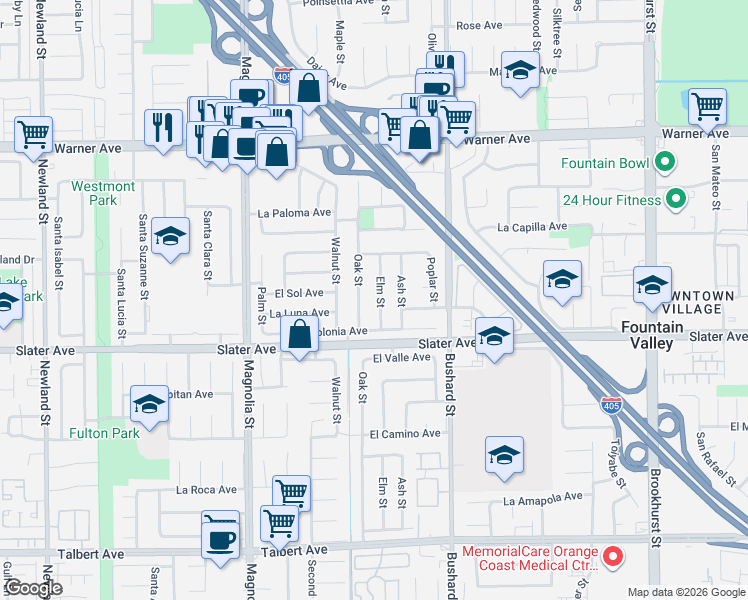 map of restaurants, bars, coffee shops, grocery stores, and more near 17340 Elm Street in Fountain Valley