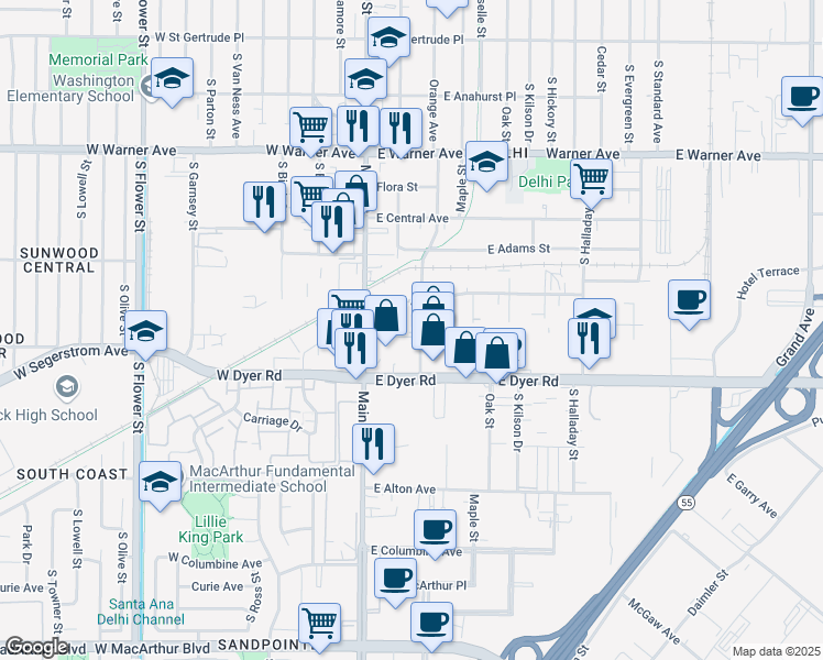 map of restaurants, bars, coffee shops, grocery stores, and more near 2635 South Orange Avenue in Santa Ana