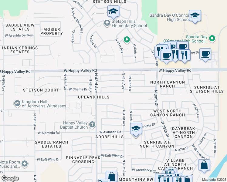 map of restaurants, bars, coffee shops, grocery stores, and more near 4128 West Whispering Wind Drive in Glendale