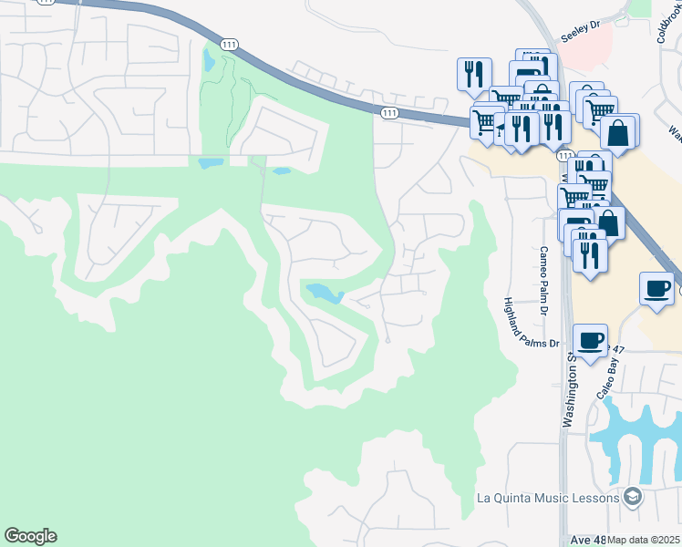 map of restaurants, bars, coffee shops, grocery stores, and more near 77785 Seminole Road in Indian Wells
