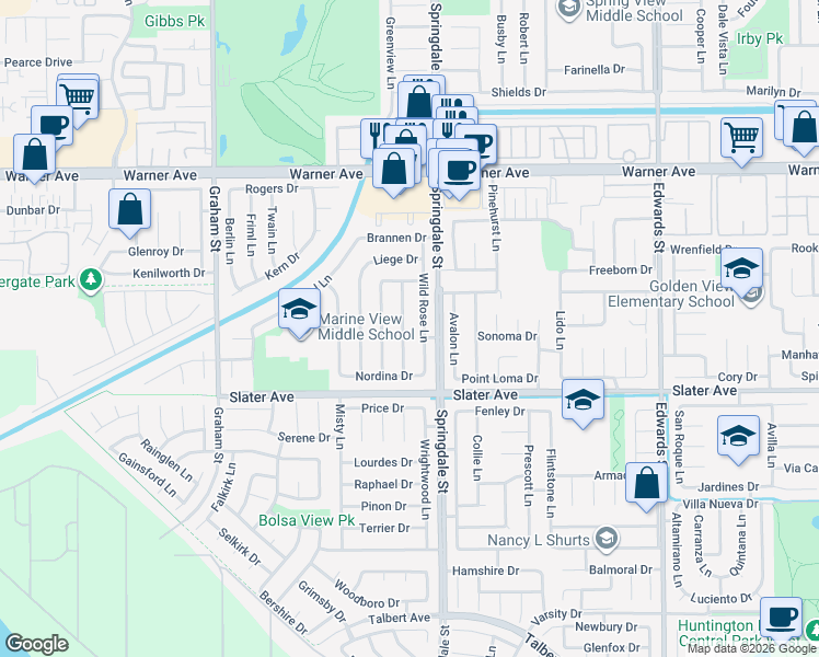 map of restaurants, bars, coffee shops, grocery stores, and more near 17342 Almelo Lane in Huntington Beach
