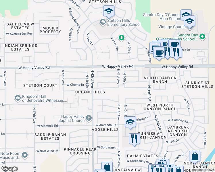 map of restaurants, bars, coffee shops, grocery stores, and more near 4148 West Chama Drive in Glendale