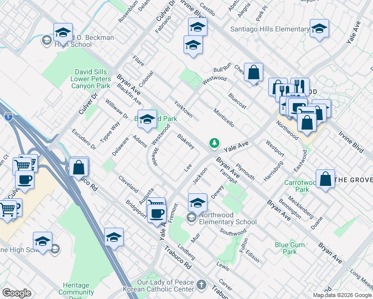 map of restaurants, bars, coffee shops, grocery stores, and more near 18 Blakeley in Irvine