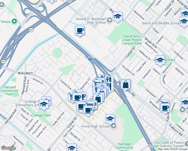 map of restaurants, bars, coffee shops, grocery stores, and more near 14081 Saarinen Court in Irvine