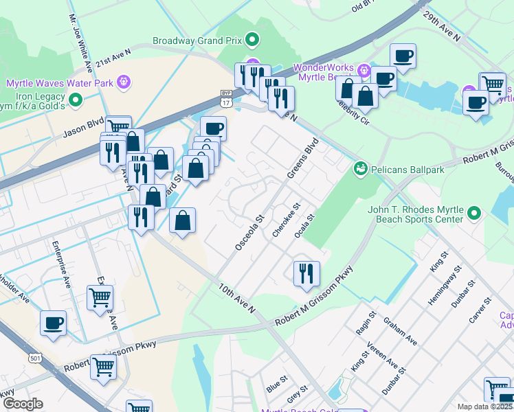 map of restaurants, bars, coffee shops, grocery stores, and more near 1750 Greens Boulevard in Myrtle Beach