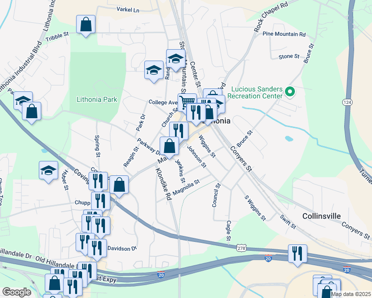 map of restaurants, bars, coffee shops, grocery stores, and more near 6917 Main Street in Lithonia
