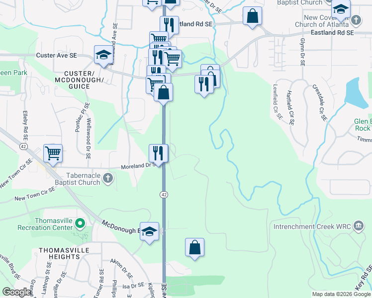 map of restaurants, bars, coffee shops, grocery stores, and more near 1520 Moreland Ave SE in Atlanta