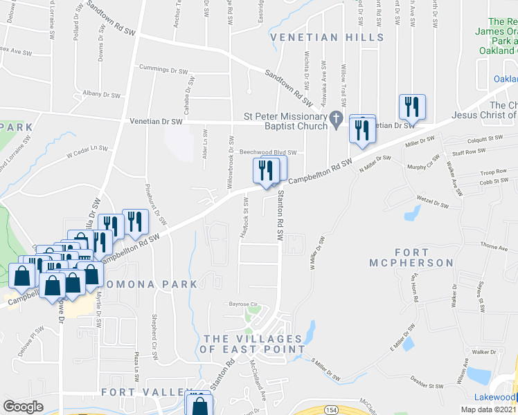 map of restaurants, bars, coffee shops, grocery stores, and more near 1774 Campbellton Road Southwest in Atlanta