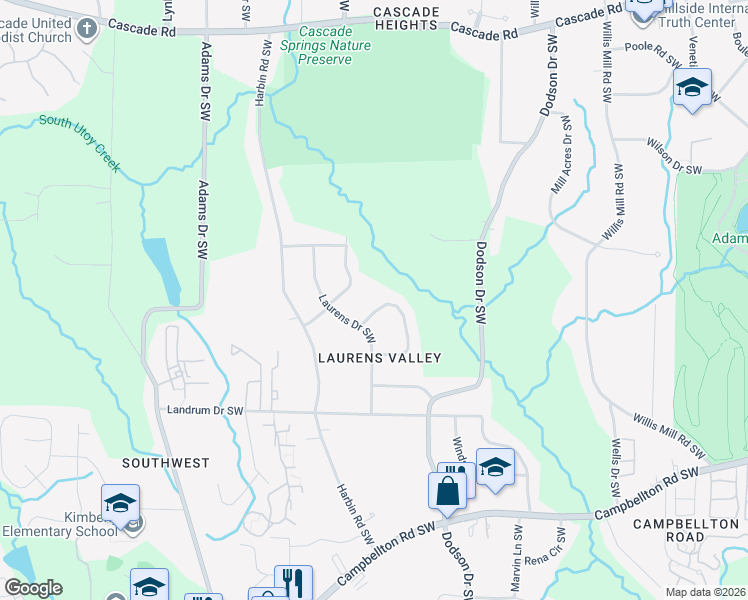 map of restaurants, bars, coffee shops, grocery stores, and more near 2630 Laurens Circle Southwest in Atlanta